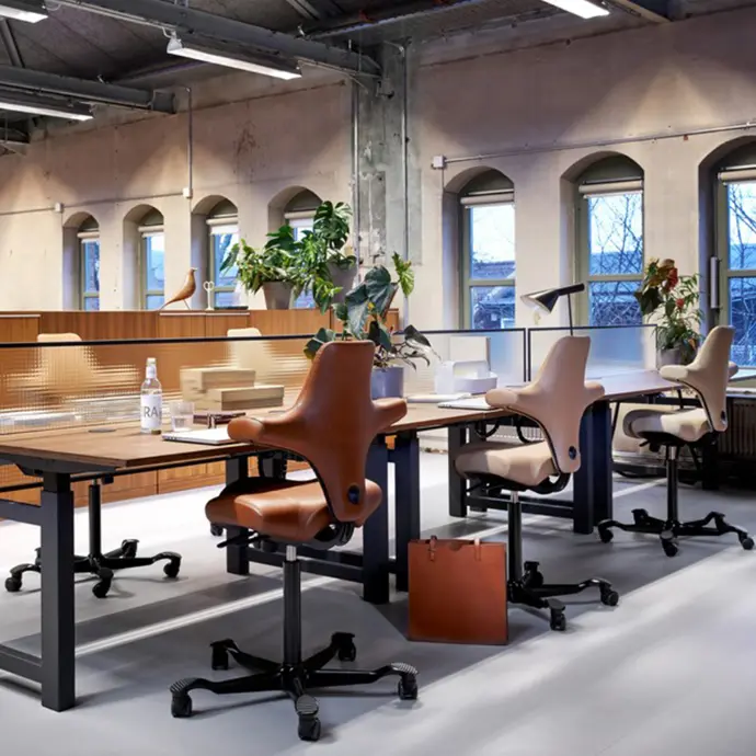 HÅG Capisco 8106 in Paloma leder – Coffee (05504), Wheat (55201) & Champagne (05489) voor een stijlvolle werkplek Drie HÅG Capisco 8106 stoelen in luxe Paloma leder: links Coffee (05504), midden Wheat (55201) en rechts Champagne (05489)