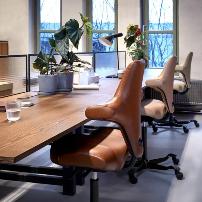 HÅG Capisco 8106 in Paloma leder – Coffee (05504), Wheat (55201) & Champagne (05489) voor een stijlvolle werkplek Drie HÅG Capisco 8106 stoelen in luxe Paloma leder: links Coffee (05504), midden Wheat (55201) en rechts Champagne (05489)